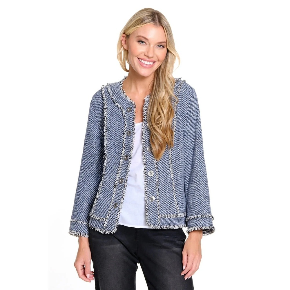 Chico's Jacket Women's US 10 Blue Wool Blend Tweed Fringe Trim‎ Military Style